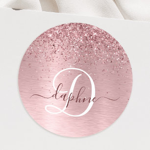 Rosa gebürsteter Glitzer Monogramm Name Runder Aufkleber