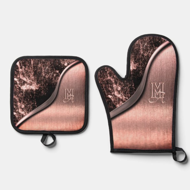 Rosa gebürstetes Metall und mit Monogramm metallis Ofenhandschuh & Topflappen-Set (Vorderseite)
