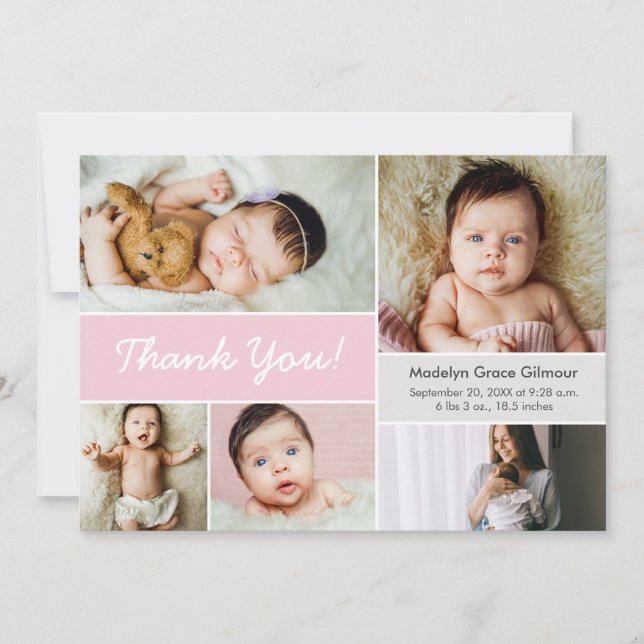 Rosa Geburtsankündigung Custom Foto Baby Dusche Dankeskarte (Vorderseite)
