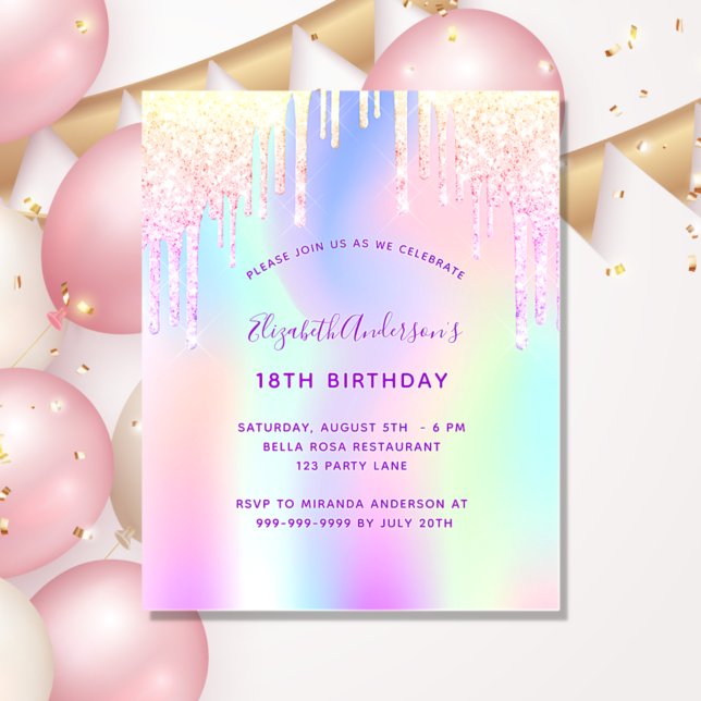 Rosa Geburtstag lila holografische Haushaltseinlad Flyer (Von Creator hochgeladen)