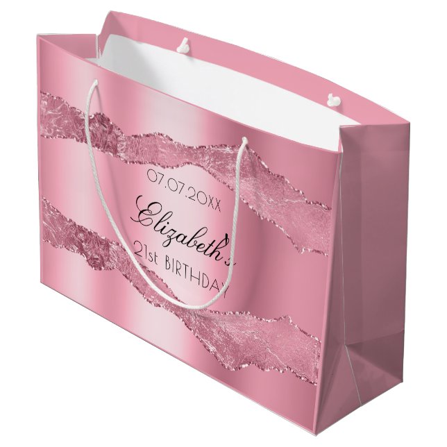 Rosa Geburtstag Name elegant Große Geschenktüte (Rückseite Schrägansicht)