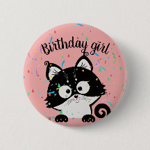 Rosa Geburtstagsmädchen-Partyknopf mit Tuxedokatze