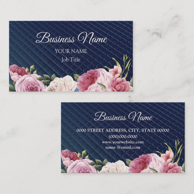 Rosa geflorales geometrisches Navy Blue Elegant Visitenkarte (Vorne/Hinten)