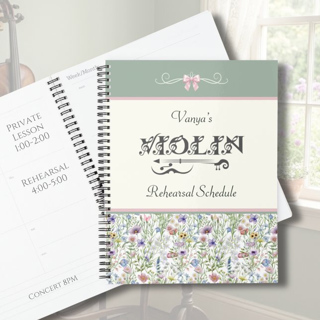 Rosa Geigen-Übungsplaner mit Blumenmuster | Salbei Planer (Personalized Violin Rehearsal Planner | Enchanted Meadow Pink Floral Aesthetic | Custom Gift)