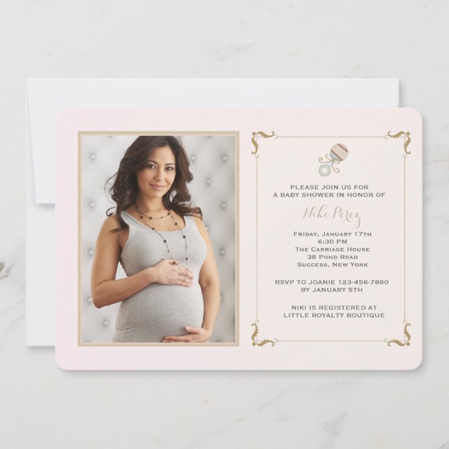 Rosa Geklapper-Foto-Baby-Duschen-Einladung Einladung (Vorderseite)