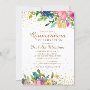 Rosa Gelb Blau Florales Gold Glitter Quinceañera Einladung