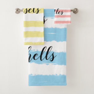 Rosa gelb Blaue Streifen Seashells Typograf Badhandtuch Set