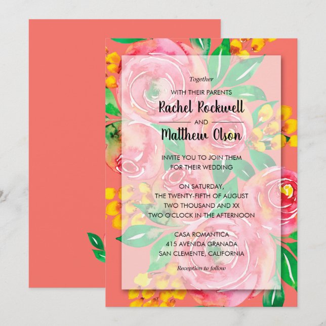 Rosa, gelb, florale Hochzeiten in Korallen laden e (Vorne/Hinten)
