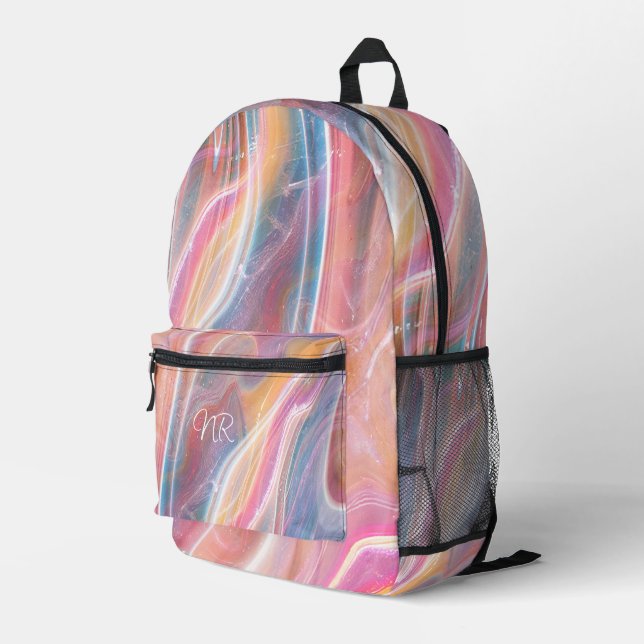 Rosa, gelb, Lila blauer Marmor Monogramm hinzufüge Bedruckter Rucksack (Rückseitige Ecke Rechts)