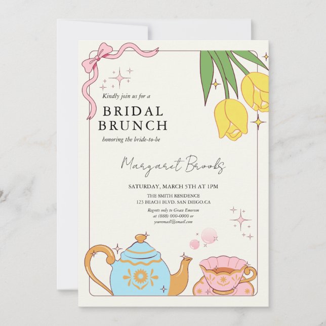 Rosa Gelb Niedlich Bridal Brunch Dusche Tee Party Einladung (Vorderseite)