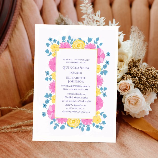 Rosa Gelb und Blau florale bunte Quinceañera Einladung (Von Creator hochgeladen)