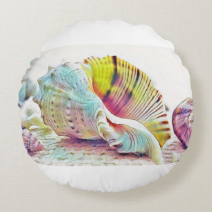 Rosa Gelb und blaue Muscheln Aquarell Sommer Rundes Kissen