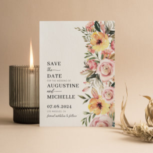 Rosa & Gelbe Aquarell-Blumen-Hochzeit im Frühling Save The Date