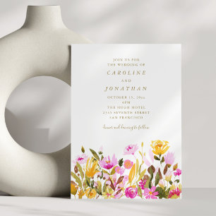 Rosa Gelbe Aquarell Blumen Hochzeit im Sommer Einladung