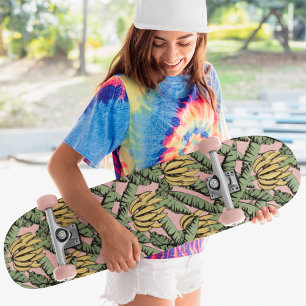 Rosa Gelbe Bananen und Blätter Skateboard