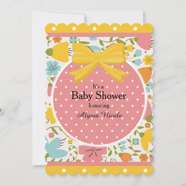 Rosa gelbe blaue Blüte und Polka Dot Baby Dusche Einladung (Vorderseite)