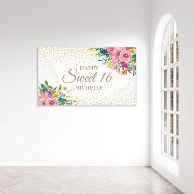 Rosa Gelbe Blumen Gold Glitzer Sweet 16 Banner (Von Creator hochgeladen)