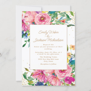 Rosa gelbe Blumen Hochzeit mit Goldglitter Einladung