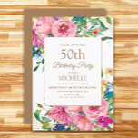 Rosa Gelbe Blütengold Glitzer 50. Geburtstag Einladung<br><div class="desc">Elegante und farbenfrohe Rosa-, Blau- und Gelbfärbflora mit goldenem Glitzer auf einer weißen 50. Geburtstagsfeier für Damen. Wenden Sie sich an den Designer, um Hilfe bei der Anpassung zu erhalten, oder um passende oder koordinierende Produkte anzufordern. Der Text auf dieser Karte ist vollständig anpassbar und kann für ein Party konzipiert...</div>