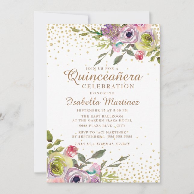 Rosa Gelbe Blütengoldblüte Glitzer Quinceañera Einladung (Vorderseite)