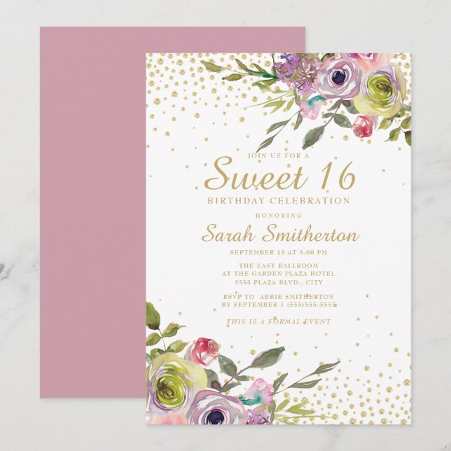 Rosa Gelbe Blütengoldblüte Glitzer Sweet 16 Birthd Einladung (Vorne/Hinten)