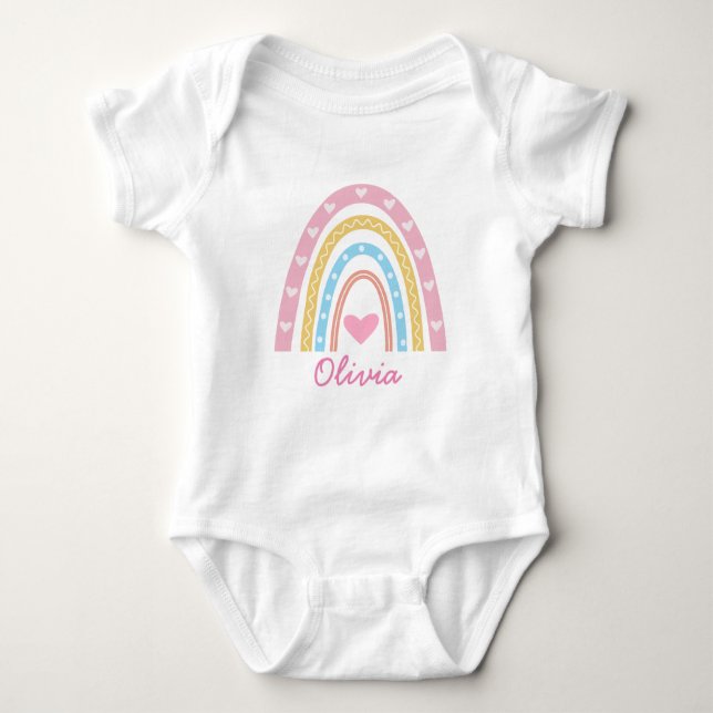 Rosa Gelbe Boho Regenbogen Personalisiertes Mädche Baby Strampler (Vorderseite)
