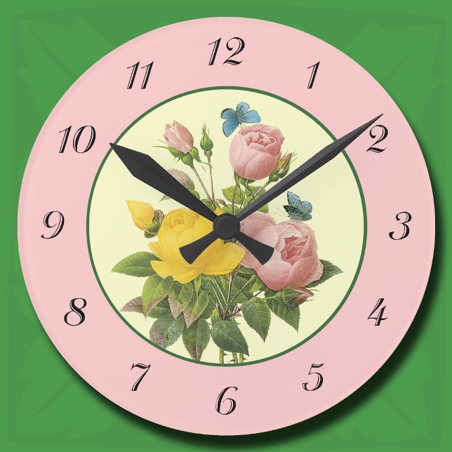 Rosa gelbe botanische Rose Uhr mit Anzahl (Pink and Yellow Botanical Roses Wall Clock)