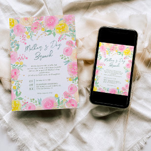 Rosa gelbe Gartengebinde Wasserfarbe Muttertag Einladung