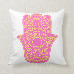 Rosa gelbe Hamsa-Hand der Miriam-Hand von Kissen