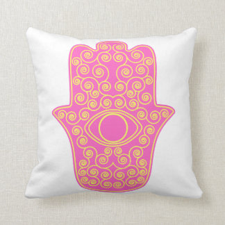 Rosa gelbe Hamsa-Hand der Miriam-Hand von Kissen