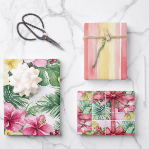 Rosa gelbe Hibiskus-Blumen Schleifen Streifen Gebu Geschenkpapier Set