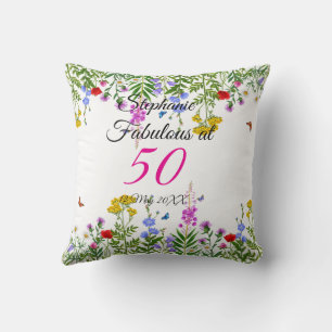 Rosa Gelbe Nelken auf blauem Happy Birthday Kissen
