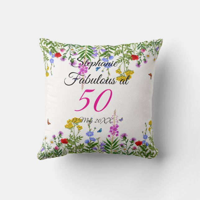 Rosa Gelbe Nelken auf blauem Happy Birthday Kissen (Rückseite)