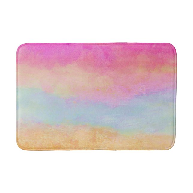 Rosa Gelbe Regenbogen Abstrakte Streifen Badematte (Vorderseite)