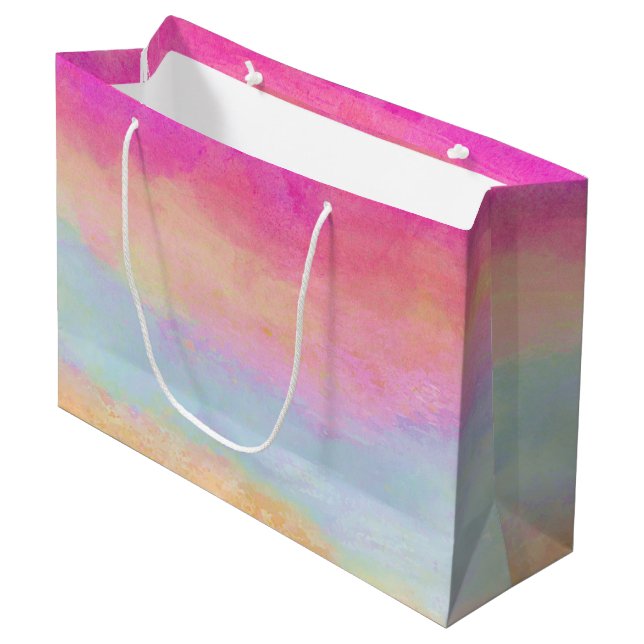 Rosa Gelbe Regenbogen Abstrakte Streifen Große Geschenktüte (Vorderseite Schrägansicht)