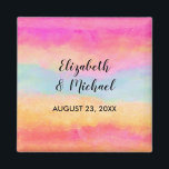 Rosa Gelbe Regenbogen Abstrakte Streifen Magnet<br><div class="desc">Ein Hochzeitsmagnet mit einem Bild eines gemalten abstrakten Designs. Gelbe und rosa Streifen. Dicke und lebendige Hintergrundmuster.</div>