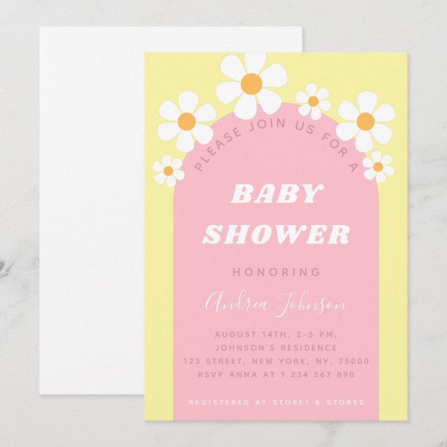Rosa gelbe Retro Boho Arch Daisy Niedliche Babydus Einladung (Vorne/Hinten)