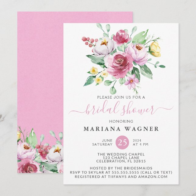 Rosa Gelbe Rosen Brautparty Einladung (Vorne/Hinten)