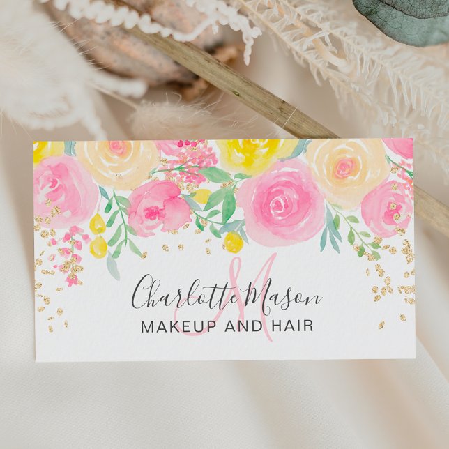 Rosa gelbe Rosen florale Aquarellfarben Goldmakeup Visitenkarte (Von Creator hochgeladen)
