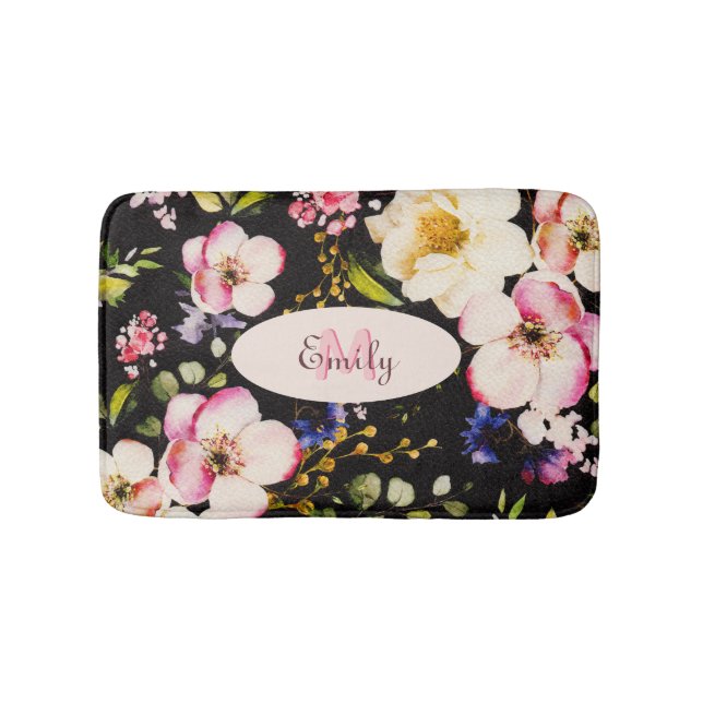 Rosa-gelbe Rosen in Aquarellfarbe auf schwarz, Mon Badematte (Vorderseite)