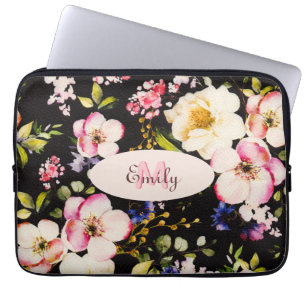 Rosa-gelbe Rosen in Aquarellfarbe auf schwarz, Mon Laptopschutzhülle