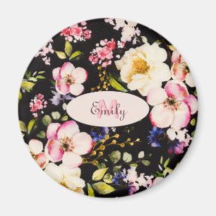 Rosa-gelbe Rosen in Aquarellfarbe auf schwarz, Mon Magnet