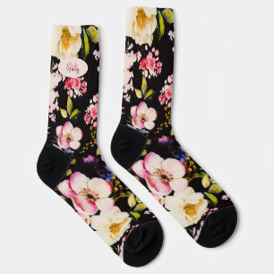 Rosa-gelbe Rosen in Aquarellfarbe auf schwarz, Mon Socken