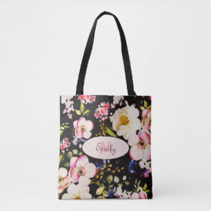 Rosa-gelbe Rosen in Aquarellfarbe auf schwarz, Mon Tasche