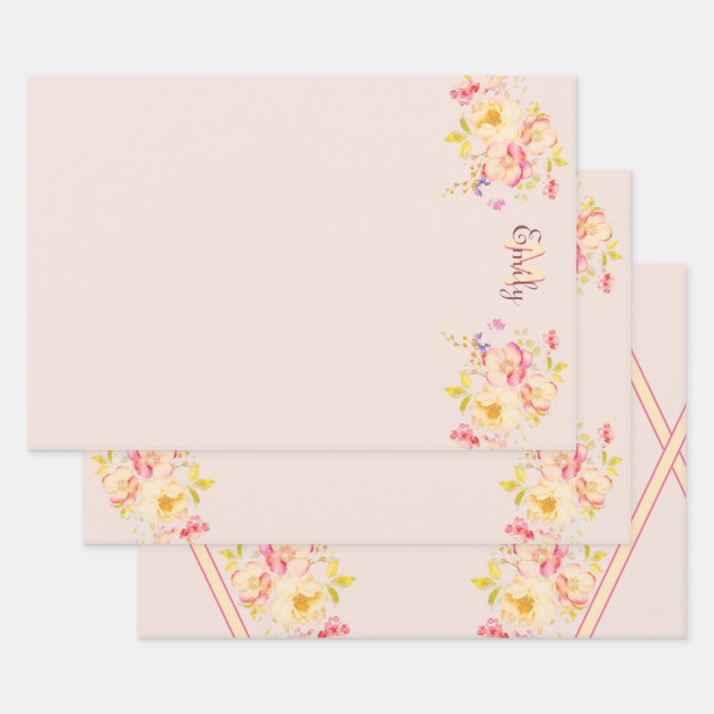 Rosa Gelbe Rosen, Monogramm Geschenkpapier Set (Set)