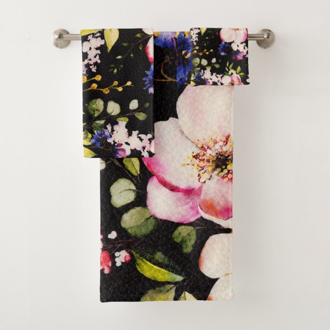 Rosa gelbe Rosen, schwarzer Hintergrund Badhandtuch Set (Insitu)
