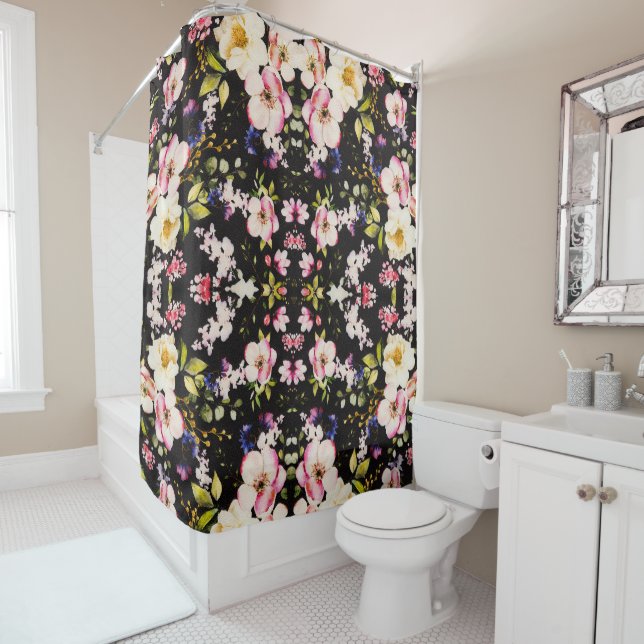 Rosa gelbe Rosen, schwarzer Hintergrund Duschvorhang (Beispiel)