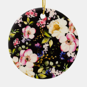 Rosa gelbe Rosen, schwarzer Hintergrund Keramik Ornament