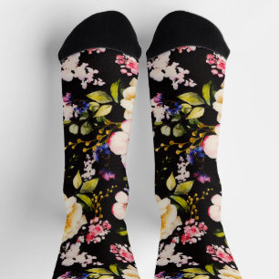 Rosa gelbe Rosen, schwarzer Hintergrund Socken