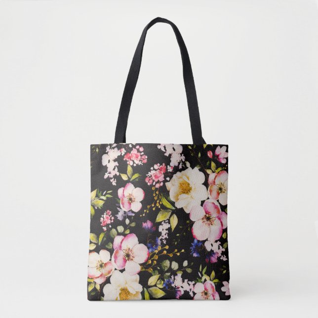Rosa gelbe Rosen, schwarzer Hintergrund Tasche (Vorderseite)